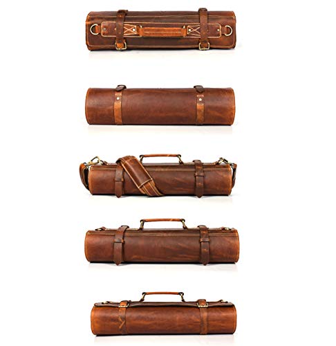 Leather Knife Roll Storage Bag, Elastic And Expandable 10 Pockets, Adjustable/Detachable Shoulder Strap, Travel-Friendly Chef Knife Case (Leather - Light Brown) #TOP4