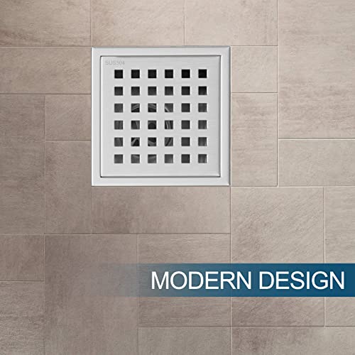 Tvane 4 Inch Square Shower Drain With Flange Removable Quadrato Pattern Grate, Brushed 304 Stainless Steel, Includes Floor Drain Base Hair Strainer,Brushed Nickel #TOP1