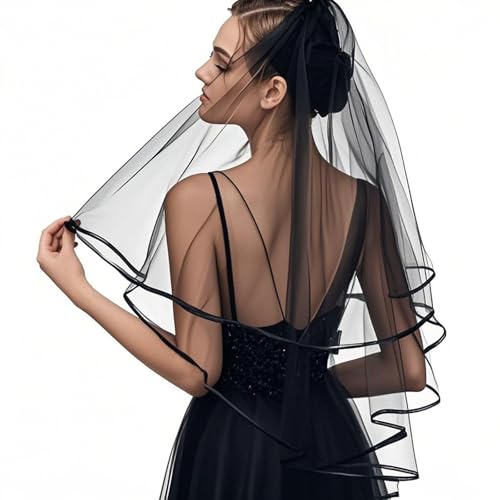 LFWZRY Velo da Sposa Nero a Doppio Strato, Bridal Wedding Veilcon con Pettine, Velo da Sposa Nuziale per Accessori da Sposa per Addio al Nubilato, Addio al Nubilato