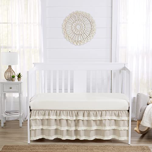 Sweet Jojo Designs Boho Bohemian Boy Girl Baby Crib Bed Skirt Nursery Dust Ruffle - Solid Taupe Beige Ivory Cream Off White Linen Farmhouse Shabby Chic Designer Modern Minimalist Ruffle Tassel Macrame #TOP1