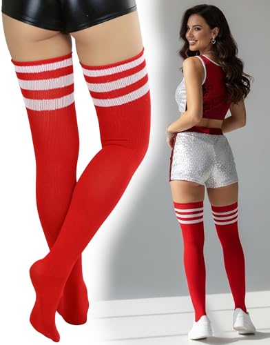 Image of ToBeInStyle Women's Heavyweight Knit Thigh High Long Socks w /Contrast 3 Stripe Top Band