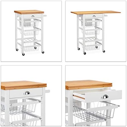 Relaxdays Kitchen Trolley with Folding Top, Country Style, 3 Baskets, Knife Block, Bottle Rack, Butler, White, Engineered Composite Wood Bamboo Alloy Steel, 89 x 60 x 49cm