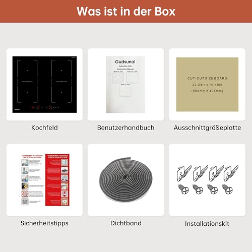 Foto von Gudsunal Induktionskochfeld 60 cm mit zwei Flexzonen, 7200W, 4-Zonen-Induktionskochplatte mit kontinuierlicher Niedrigleistungsheizung, Boost, 9 Heizstufen, Timer, automatische Abschaltung