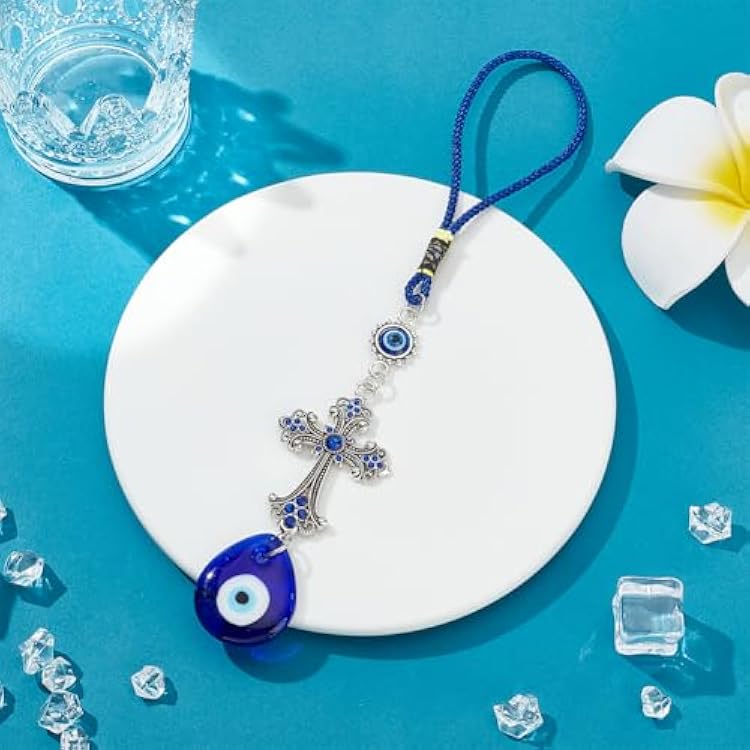 WEBEEDY Evil Eye Car Hanging Ornament Evil Eye Crystal Cross Charm Turkish Blue Evil Eye Protection Charm Rear View Mirror Hanging Accessories Evil Eye Protection Charm for Car Home Decors,24cm/9.45