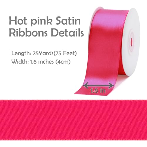 1.5 Inch x 25yds Satin Ribbon Solid Fabric Ribbons Roll for Gift Wrapping,Floral,Balloons,Craft Sewing,Valentine's Day,Wedding,Birthday Party Decoration(Hot Pink)