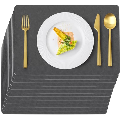 Uolr Gray Plastic Vinyl Placemats Set of 12, Waterproof Heat Resistant Table Mats,Faux Leather Wipeable Washable Easy Clean Non-Slip Place Mats for Indoor Outdoor(12,Gray)