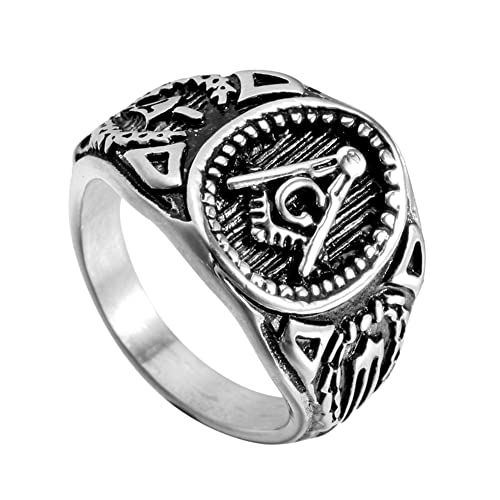 OAKKY Men's Stainless Steel Vintage Masonic Freemason Ring Symbol Member Band Silver Black Size 11