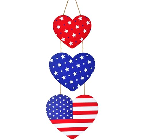 Patriotic Heart Door Hanging Decor Red White Blue Americana Memorial Day 4th of July Wall Hanging Porch Decoration Vertical Sign Rustic Holiday Accent