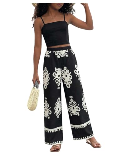 Image of Floerns Girl's 2 Piece Outfit Hawaiian Tropical Crop Cami Tops and Boho Pants Set