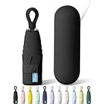 FWHFNB Mini Ombrello Tascabile, Ombrello Piccolo, Pieghevole Ombrello da Viaggio, Con Manico ad Anello e Borsa Portaoggetti, UPF 50+, Pioggia UV Protezione Sole, per Donne Uomini (Nero)
