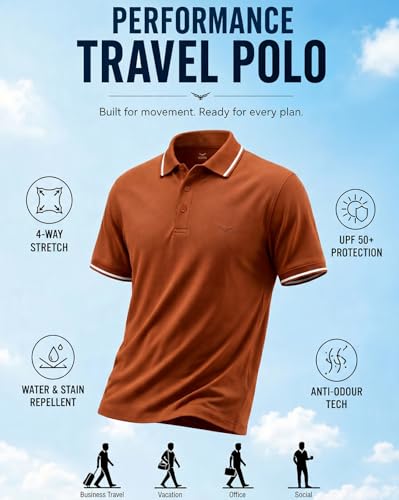 Image of NOBERO Men's Travel Polo T-Shirt | Premium Cotton Stretch Fabric | Anti-Odor & Water-Repellent | UPF 50+ Sun Protection | Regular Fit Polo Collar Casual Wear