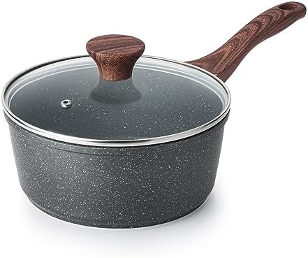 Small grey speckled nonstick saucepan with a wood-effect handle and a clear glass lid