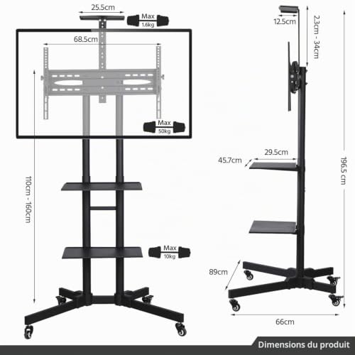 Yaheetech TV Stand on Wheels with Brakes for 32 to 65 Inch Screens/LCD/LED/Plasma VESA 100 x 100 mm to 600 x 400 mm Floor Trolley Adjustable Height - 4