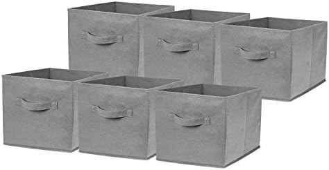 Set of 6 Large Foldable Square Storage Cubes, Fabric Organiser Canvas Cube Boxes Collapsible for Home, Bedroom, Nursery Office, Playroom Toys, 28 x 28 x 28 cm (Grey)