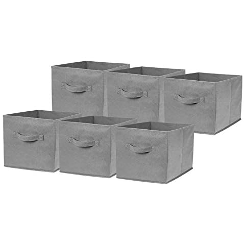 Set of 6 Large Foldable Square Storage Cubes, Fabric Organiser Canvas Cube Boxes Collapsible for Home, Bedroom, Nursery Office, Playroom Toys, 28 x 28 x 28 cm (Grey) Cover