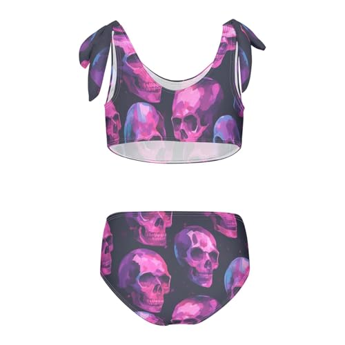 KLL Pink Skulls on A Black Background Girls 2 Piece Bikini Sets Quick-Dry Bathing Suit Swimwear Adjustable Strap2