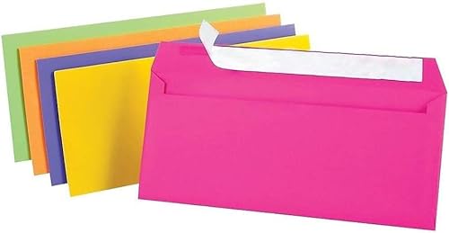 1InTheOffice EasyClose Neon Brights Color Envelopes, #10, Assorted, 4 1/8"H x 9 1/2"W, 50/Pack (Assorted Neon Brights)