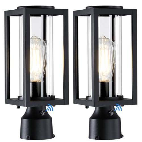 MYHXQ Dusk to Dawn Outdoor Post Lights 2 Packs, Lamp Post Light Fixture Modern Black Exterior Post Lantern Fixture with Tempered Glass, Anti-Rust Light Posts for Outside for Driveway Patio Garden by MYHXQ - Used condition - US$41.21