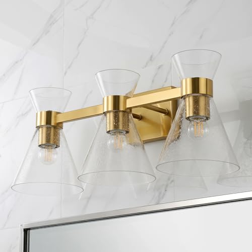 Tribesigns Bathroom Light Fixtures, 3-Light Bathroom Vanity Lights Over Mirror with Clear Seeded Glass Shade, Modern Brushed Gold Wall Sconces, Damp-Rated, E26 Base by Tribesigns - Used condition - Image 7