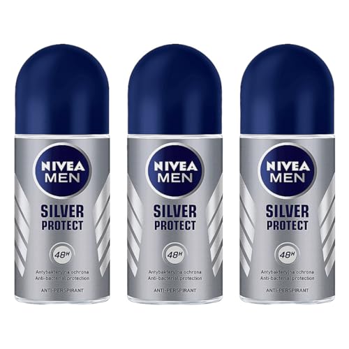 NIVEA MEN Silver Protect Anti-Perspirant Roll-On Deodorant 50ml – 48-Hour Protection with Anti-Bacterial Silver Ions, Quick-Drying Formula, Alcohol-Free, Pack of 3