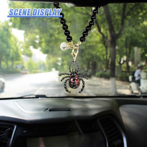 KPFILEH Spider Car Hanging Ornament, Gothic Pearl Chain Auto Rear View Mirror Charm, Funny Vehicle Interior Pendant Decoration Accessory Present for Women Men(Red)