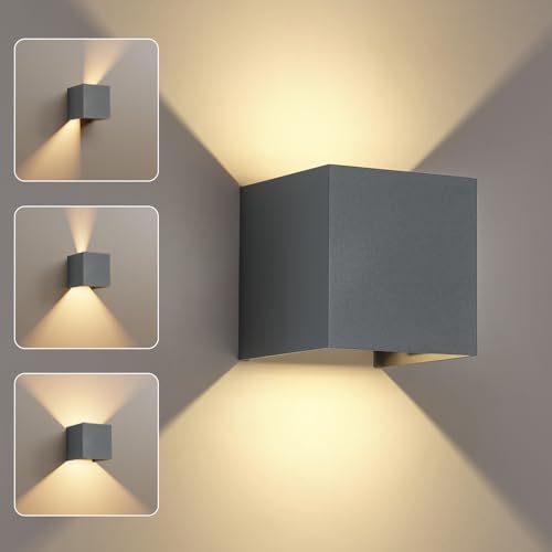 FUPE Applique da Parete Interno/Esterno LED IP65-12W Luce da Parete Esterno in Grigio con 3 Temperature Colore (3000K/4000K/6500K) e Angolo Regolabile, per Balcone Giardino Corridoi Scale