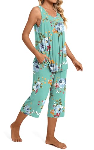 Image of TAOHUADAO Womens Summer 2 Piece Pajama Sets, Sleeveless Tops with Capri Pants, Lounge Ladies Pjs Sets with Pockets