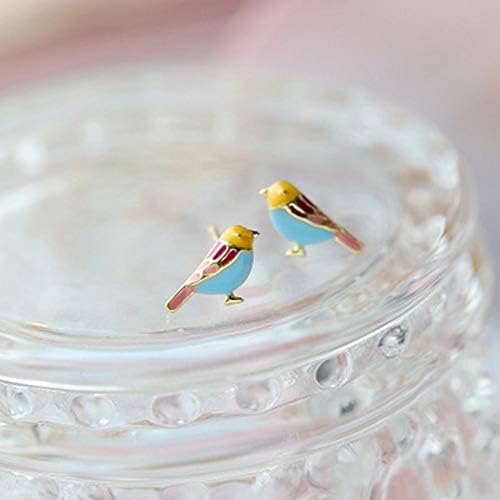 Cute Bird Stud Earrings for Women Girls 925 Sterling Silver Gold Plated Tiny Small Animal Pet Enameled Blue Yellow Pink Feather Birds Tragus Post Nickel Free Piercing Ear Jewelry Dainty Gift