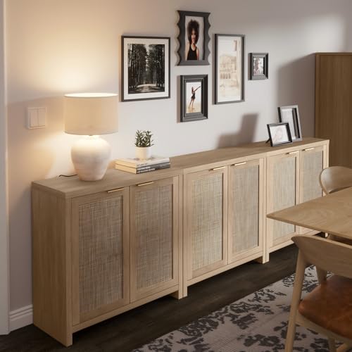 Image of OAKHAM HOME Rattan Sideboard Buffet Cabinet with Storage, Boho Farmhouse Credenza with Adjustable Shelves, Decorative Coffee Bar Cabinet for Living Room & Entryway Organization, Light Oak, 3 PCS | Buffet Cabinet with 2 Soft-Close Doors, Adjustable Shelves and 110 lbs Top, For Living Room, Kitchen, Entryway