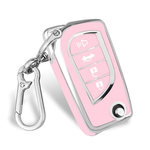 MILD EAST Car Key Cover for Toyota, Soft TPU Key Fob Cover Compatible with Rav4 Camry Fortuner Tundra Corolla C-HR Highlander, fit for 4 Buttons Foldable Car Key (Silver-Pink)