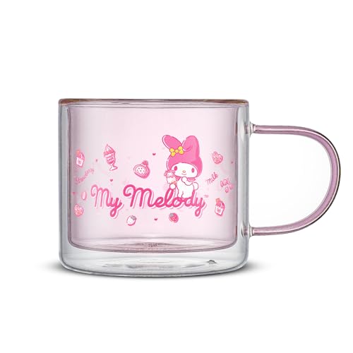 JoyJolt Hello Kitty Double Wall Insulated Coffee Mug ft My Melody, 13.5 oz Glass Cup, Cute Drinking Glassware ideal for Latte, Iced Coffee, or Tea, Kawaii Hello Kitty Merch, Sanrio Accessories