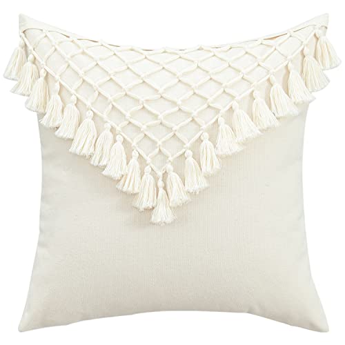 Vogol Morocco Boho Throw Pillowcase With Tassels, Square Decorative Throw Pillow Covers For Bench Couch Bed, 18X18 Inch, Triangle Line #TOP6