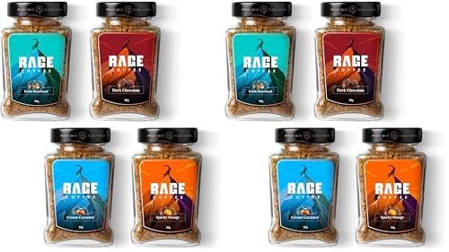 Image of Rage Coffee Combo Pack of 8 - Irish Hazelnut & Dark Chocolate & Creme Caramel & Sparky Orange Flavoured Ground Coffee 50 Gms Each, Glass Bottle