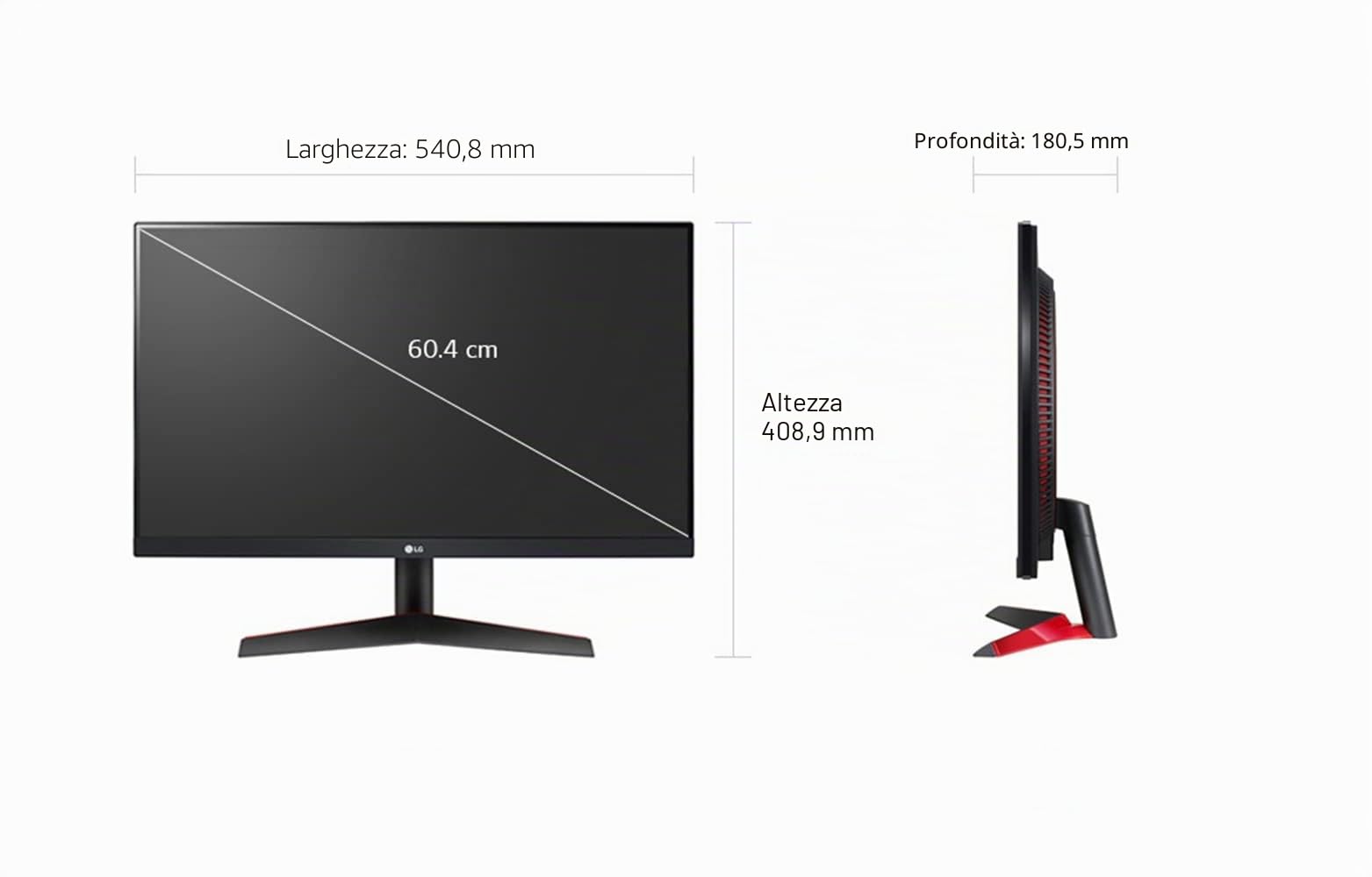 LG 24GN600 UltraGear Gaming Monitor 24" Full HD IPS 1ms HDR 10, 1920x1080, G-Sync Compatible e AMD FreeSync Premium 144Hz, HDMI 2.0 (HDCP 2.2), Display Port 1.4, Uscita Porta AUX, Flicker Safe, Nero