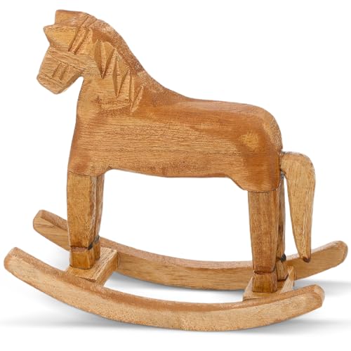 DECHOUS Small Wooden Rocking Horse Decor Vintage Carved Wooden Rocking Horse Figurine Tabletop Craft Ornament for Home Decor Statue Nursery, 7 Inch