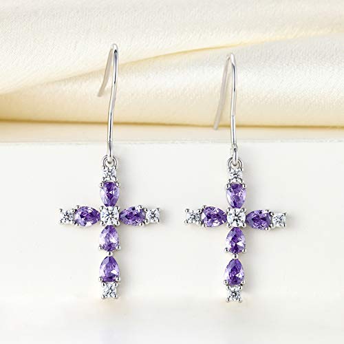 Yl Cross Earrings 925 Sterling Silver Halo Dangle Earrings Created Amethyst Religious Jewelry Christian Baptism Gifts #TOP3
