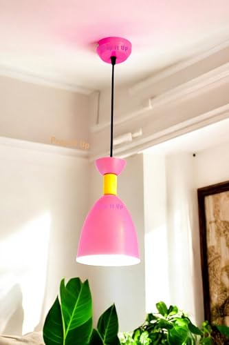 Image of Prop It Up Modern Pendant Light, Pink and Yellow Bell Shape, Ceiling Mount Hanging Lamp, Without Bulb