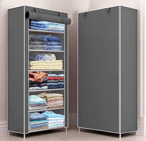 Image of BONTEC Collapsible Wardrobe 6 Shelves Storage Clothes Storage Rack Quick Wardrobe /Cabinet /Multipurpose, Foldable, Collapsible Fabric Organizer for Home Office (Grey, 6 Tier Rack)