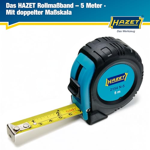 HAZET Maßband 2154N-5, 5 Meter, reduziertes Abknickverhalten und widerstandsfähige Beschichtung, automatisches Einziehen durch Qualitätsfeder und doppelte Bandmaß Beschriftung