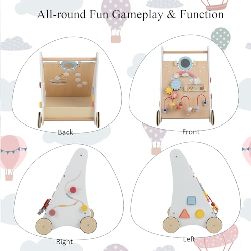 Chariot de marche bebe en bois multi-activite avec blocs de construction