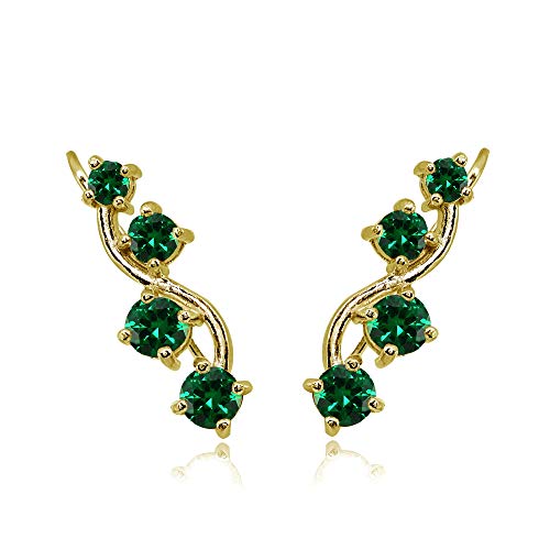 Gold Emerald Earrings for Women Yellow Flashed Sterling Silver Synthetic Gemstone Vine Green Climber Crawlers Prom Bridesmaids Fashion Trendy Summer