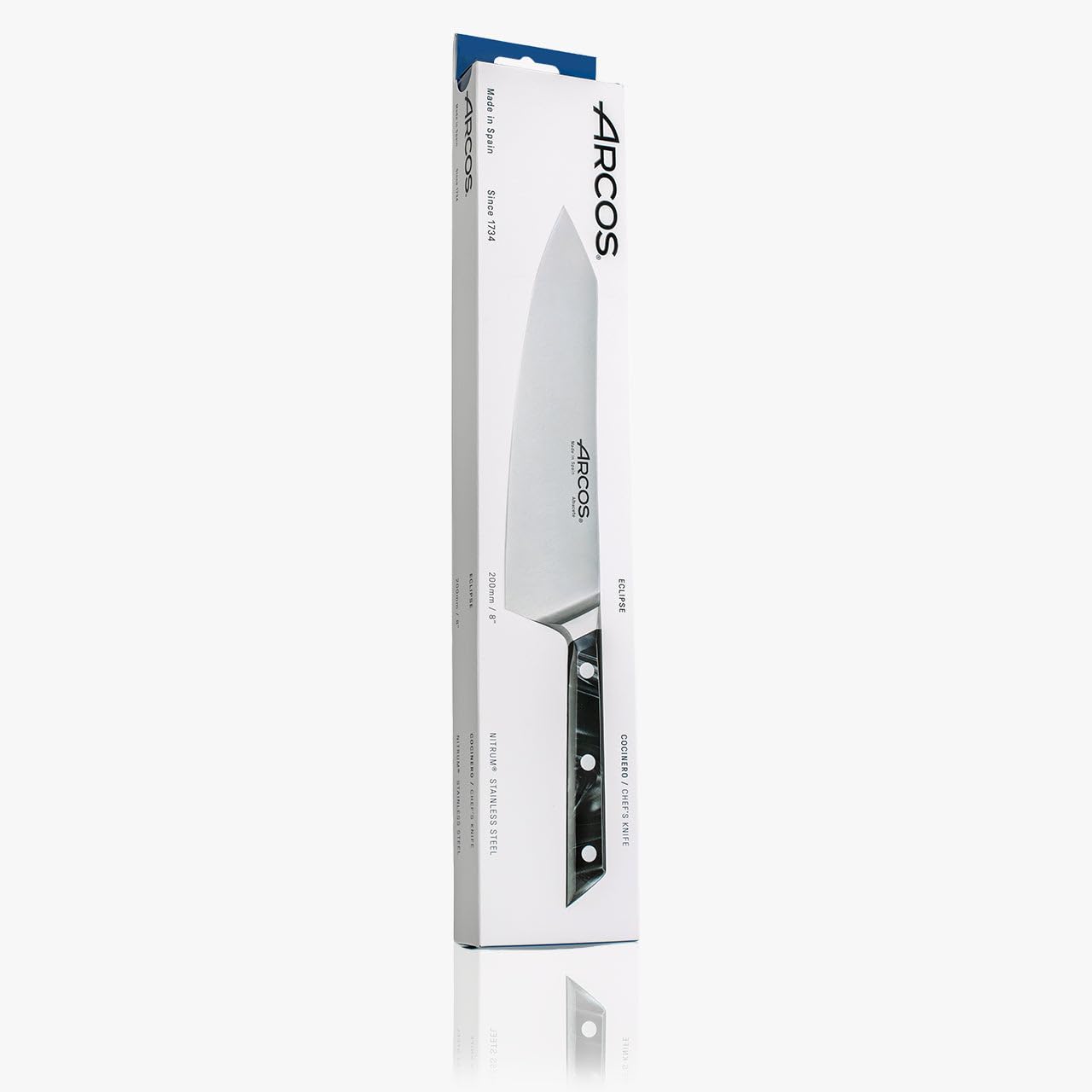 Arcos Serie Eclipse - Cuchillo de Chef - Hoja de Acero Inoxidable Forjado con Filo Seda Plus de 200 mm - Pulido Brillo Especial - Mango Acrílico - Color Negro