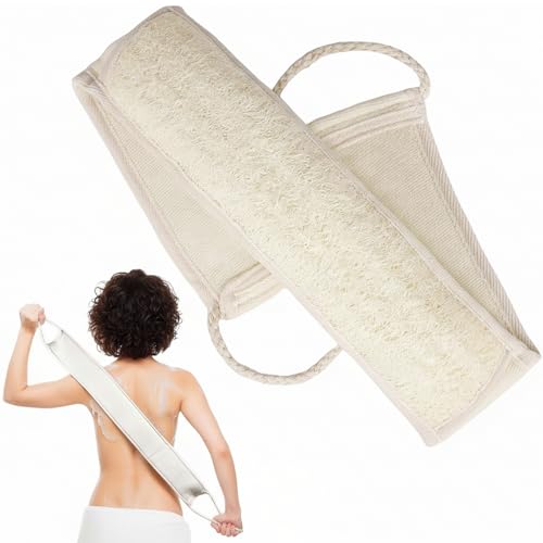 Image of Natural Loofah Back Scrubber for Shower, Exfoliating Body Scrubber with Soft Cotton Cloth & Rope Handles - Extra Long 33 Inch Back Washer for Deep Cleansing, Shower Loofah for Women and Men