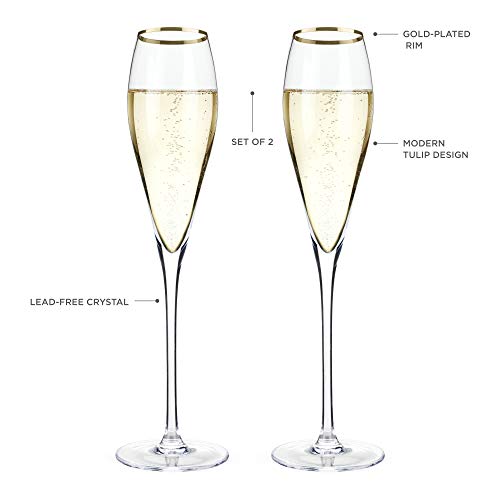 Viski Gold-Rimmed Crystal Champagne Flutes Set Of 2, No-Lead Premium Crystal Clear Glass, Modern Stemmed, Champagne Glass Gift Set, 8Oz #TOP2