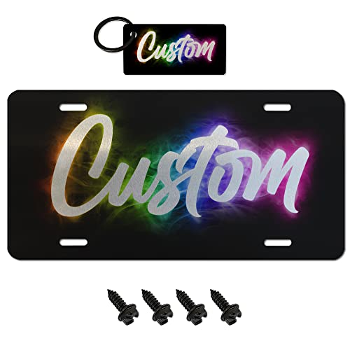Custom Novelty Vanity Name License Plate + 4 Black License Plate Screws and Keychain - Personalized Car Tag - Airbrush Rainbow (Retro, Style-9)