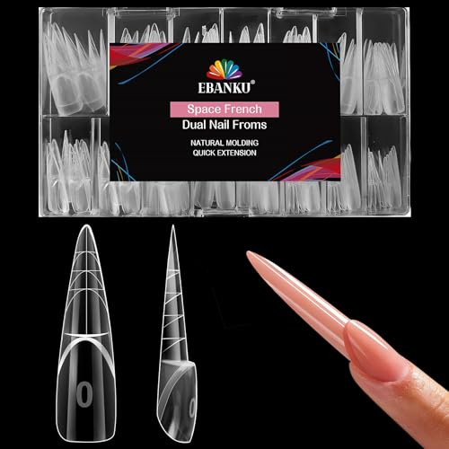 EBANKU 3D Reverse French Dual Form, 150pcs Magic Caps Zone French Stiletto Nail Dual Form Nail Mold for Quick Extension, 15 Size Reusable, Salon Nail Art DIY Tools