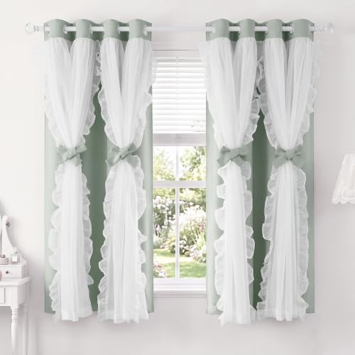 PONY DANCE Blackout Curtains for Living Room Decor Window Treatment Double Layer Drapes Ruffle Sheer Overlay Farmhouse Rustic Design, W 52 x L 63 Inches, Sage Green, 2 Panels
