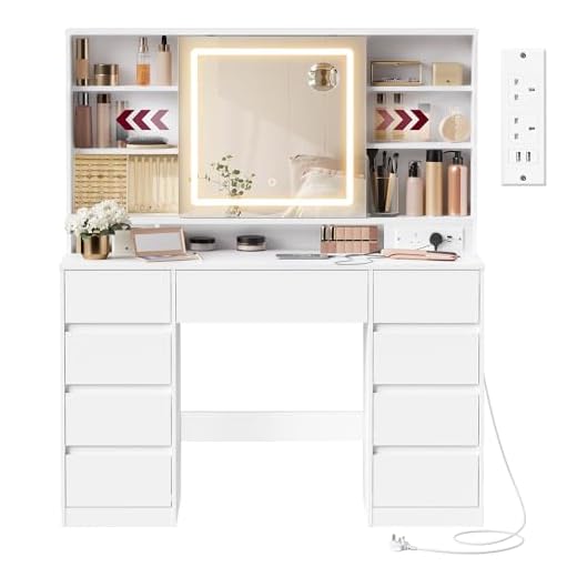 VASAGLE KAILYN Collection - Dressing Table with LED Mirror, Vanity Desk with Power Outlets, 9 Drawers, 10x Magnifying Mirror, 3 Light Colours, Toolless Slide Rail Assembly, Cloud White RDT137W02