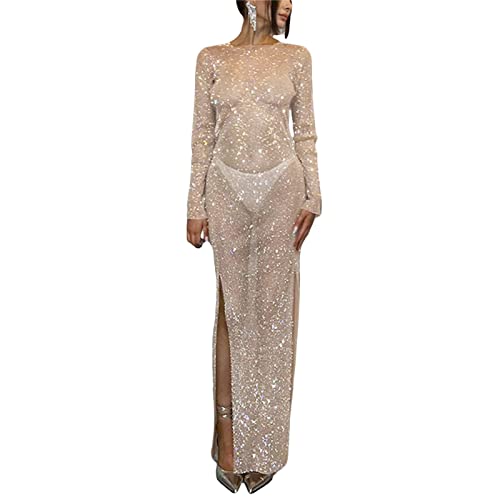 Women Glitter See Through Long Dress Bodycon Split Bathing Suit Cover Ups Long Sleeve Mesh Bikini Beach Midi Dress Y2K (Apricot, S) #TOP1