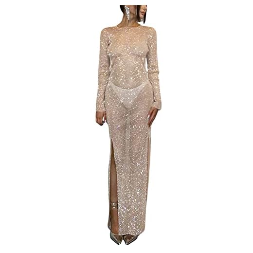 Rhinestones Mesh Hollow Out Dress for Women See-Through Long Sleeve Split Cover-Up Dress for Party Cocktail Evening (Apricot, M)